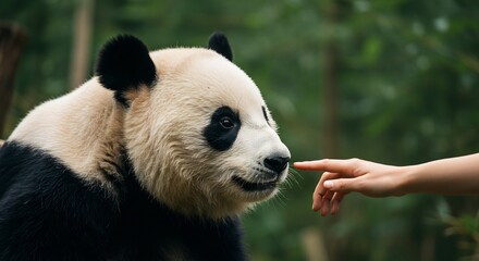 Fototapeta premium A human hand gently touches the nose of a giant panda in nature.