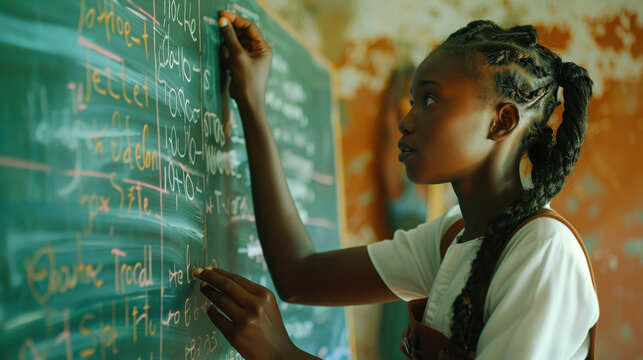 Girl writing on a chalkboard in a classroom with equations and text in a school setting environment