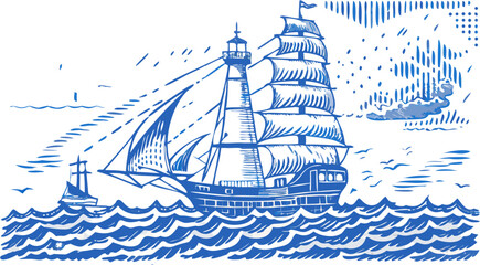 Illustration of a tall ship sailing on the ocean with a lighthouse and smaller boat nearby at sea in blue