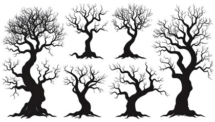 Six stark black silhouettes of leafless trees against a white background, varying in trunk shapes and branch patterns