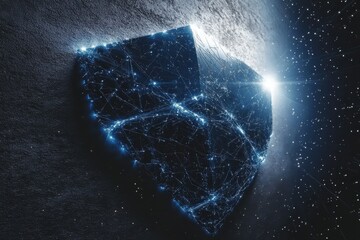 Futuristic cyber security. High-tech 3D digital shield. Antivirus Alert Protection. Global network connection high-tech blue background.