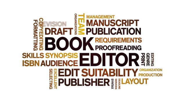 Book Editor animated word cloud-text design animation tag kinetic typography seamless loop.
