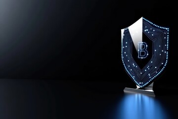 Cryptocurrency data protection concept with bitcoin coin and protective shield with access padlock