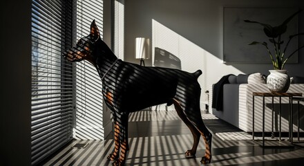 Doberman Pinscher standing by window with blinds casting striped shadows indoors
