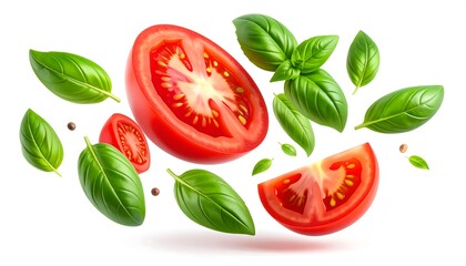 Slices of red tomato and basil leaves float against a white backdrop, peppercorns scattered among them