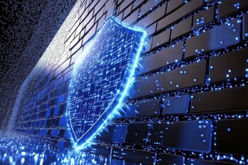 Futuristic cyber security. High-tech 3D digital shield. A brick wall is a symbol of reliable data protection. Antivirus Alert Protection. Global network connection high-tech blue background.