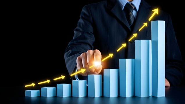 Businessman analyzing stock market chart with growth bar graph and arrow trend. Concept of business growth, financial success, investment strategy, economic forecast, and data analytics.
