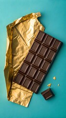 Artisan Dark Chocolate Bar with Gold Foil Accents on Blue Background
