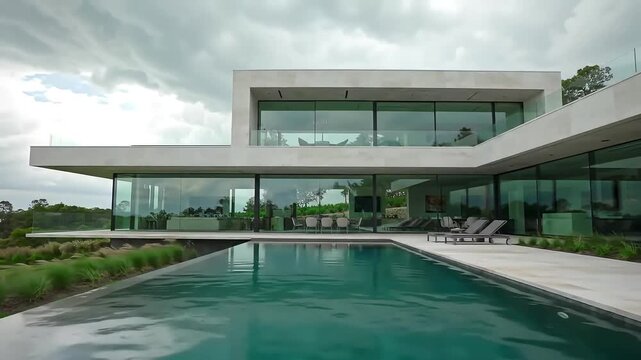 Modern house poolside view, cloudy sky, landscape background
