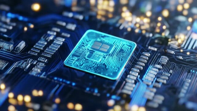 A close-up of a glowing microchip on a circuit board, showcasing technology.