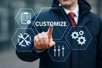  Concept of customization business product. Businessman using virtual touchscreen presses word of customize.new.