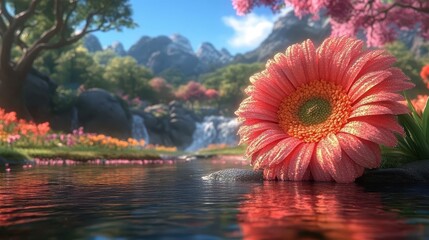 Dew-Kissed Bloom by Waterfall
