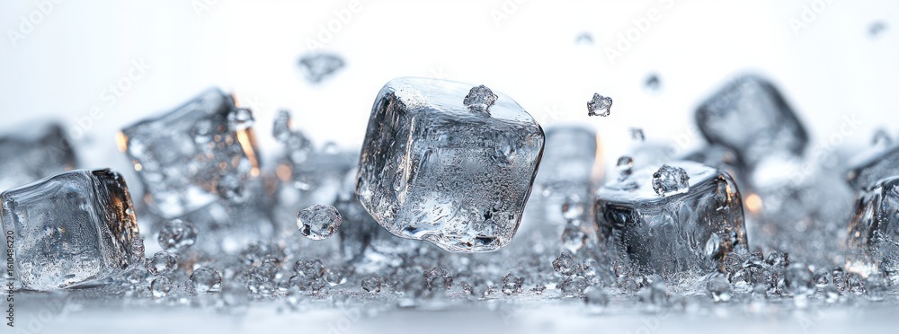Aufkleber close-up image of shimmering ice cubes with sparkling water droplets on a light background