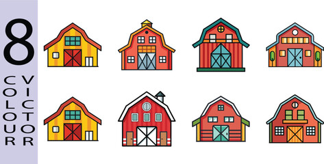 Fototapeta premium Eight Colorful Vector Illustrations of Rustic Barns: Farm, Rural, Countryside, Cartoon Style