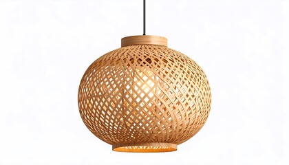 Spherical woven wood pendant light, illuminated, hanging