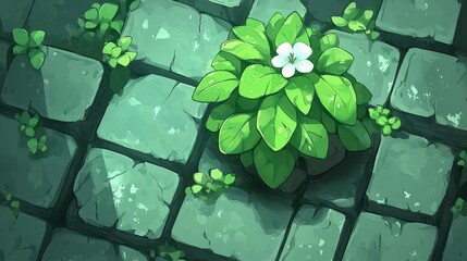Stone Path, Green Plant, White Flower