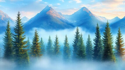 Misty Mountain Peaks & Evergreen Forest