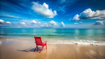 Photo of a red chair sits on the sandy beach, facing the tranquil ocean under a blue sky with scattered clouds