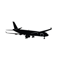 Black silhouette of a jet airplane with landing gear extended aircraft aviation