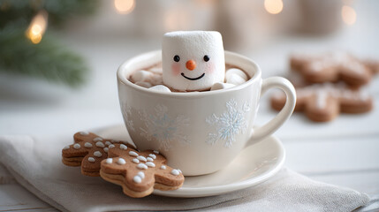 Marshmallow snowman in a cup of hot chocolate with gingerbread cookies on a saucer