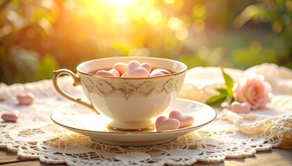 Tea Cup with Heart Marshmallows and Rose in Golden Sunlight