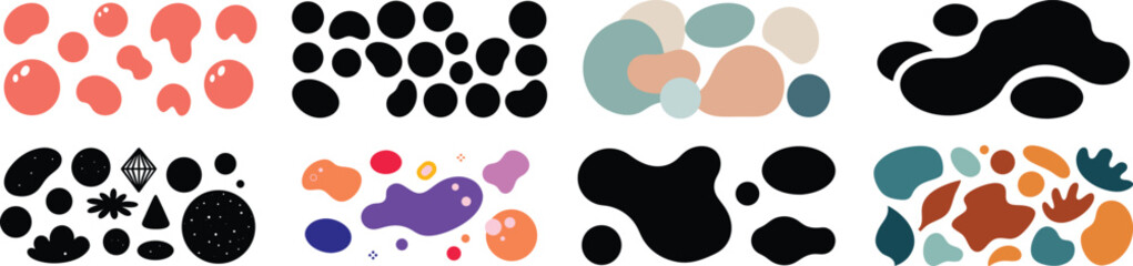 Vector art of a vibrant collection of abstract organic shapes and blobs in various colors and styles isolated on transparent background.