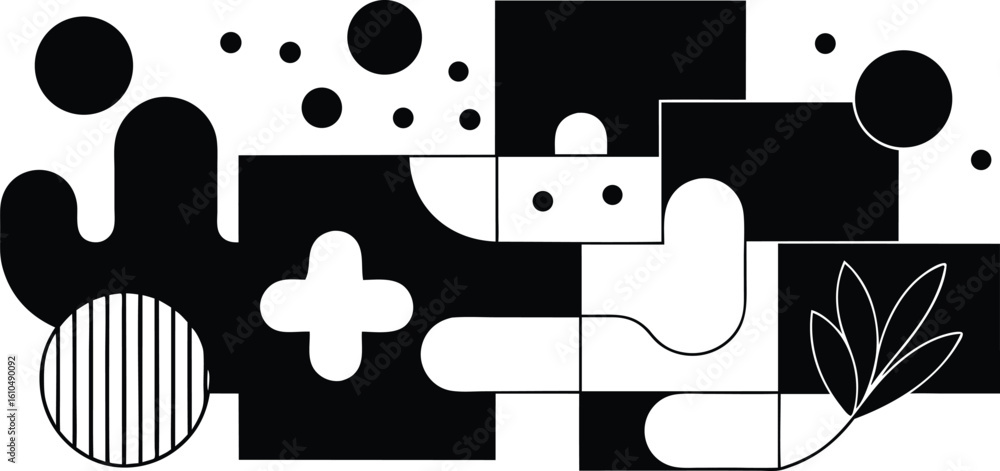Poster vector art of a striking monochrome abstract composition featuring geometric shapes and fluid lines 
