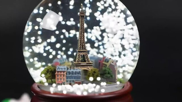 Parisian snow globe with Eiffel Tower, city scene, sparkling background; souvenir