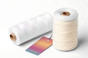 Cream and white cotton thread spools with tag mockup