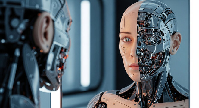 A robot with half human face and half machine face looking at its reflection in a mirror surface