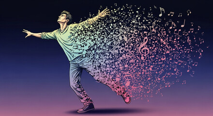 Man dissolving into musical notes with arms outstretched against a gradient background art piece