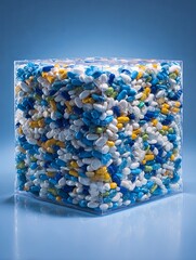 Assorted white, blue, and multicolored pills in blister plastic packaging stacked in a pile, symbolizing modern healthcare, medical treatment, pharmaceutical industry, and drug consumption

