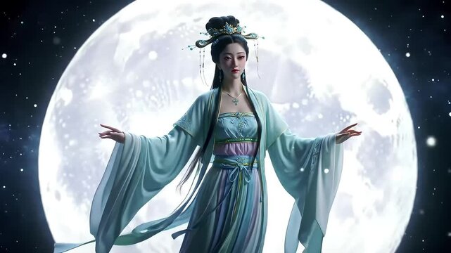 Celestial maiden poses moonlit night, starry background, fantasy art