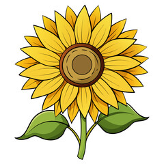 Fototapeta premium Cheerful Sunflower Illustration with Bright Yellow Petals and Green Leaves on a White Background