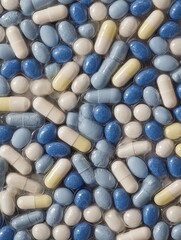 Assorted white, blue, and multicolored pills in blister plastic packaging stacked in a pile, symbolizing modern healthcare, medical treatment, pharmaceutical industry, and drug consumption

