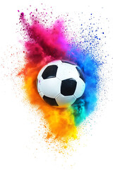 Naklejka premium Colorful explosion of powder around a soccer ball in a dynamic, energetic sports-themed design