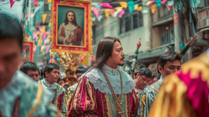 Fototapeta premium Feast of San Lorenzo Ruiz, Filipino Catholics carrying statue of San Lorenzo Ruiz in vibrant street procession