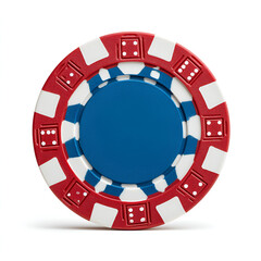 Red white and blue poker chip with dice design isolated on white background