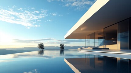 Fototapeta premium Modern minimalist house with infinity pool overlooking mountain range at sunset.