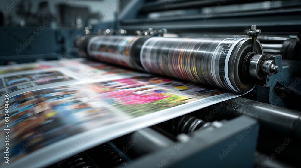 Poster close up of industrial printing press in operation with colorful print passing through
