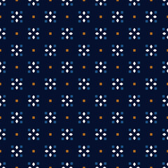 Cute small white flowers pattern squared shapes motif continuous classic blue background. Modern decoration elegant floral fabric design textile swatch women's dress, men's shirt all over print block.
