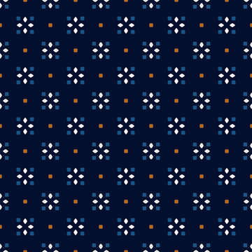 Cute small white flowers pattern squared shapes motif continuous classic blue background. Modern decoration elegant floral fabric design textile swatch women's dress, men's shirt all over print block.