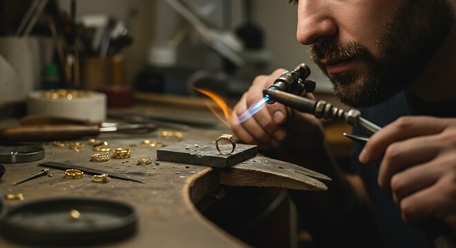 Jeweler Working on Golden Ring with Flame in Workshop