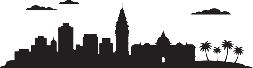 Obraz premium Montevideo Skyline Silhouette Palacio Salvo Beachfront Uruguayan Capital Vector in Flat Black Design