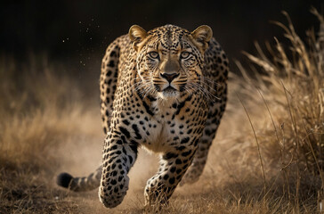 Running Leopard in Action on Savanna Grassland