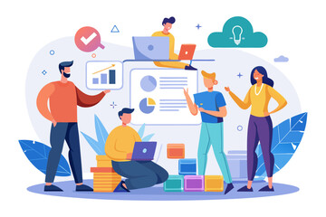 Diverse team collaborating on a business strategy with charts and a cloud idea