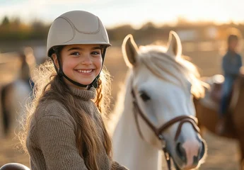 Zelfklevend Fotobehang Smiling girl in riding helmet sitting on white horse at sunset in equestrian arena, enjoying horseback riding experience © MIRAY STOCK