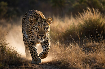 Running Leopard in Action on Savanna Grassland