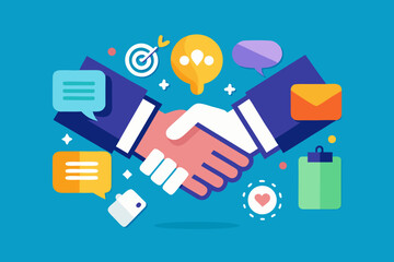 Business handshake with communication and success icons