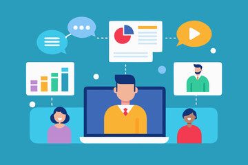 Diverse team collaborating remotely with video conference and data analysis